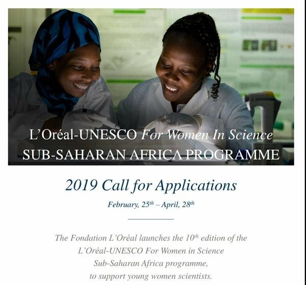 Don't miss the @Loreal-UNESCO call for Women in Science sub-saharan Africa programme to support young women scientists. 20 grants will be offered for the Sub-Saharan Africa region: a) PhD €10 000 &amp; Post-doctorate: €15000. Apply before 28 April 2019. bit.ly/2U5QPhO