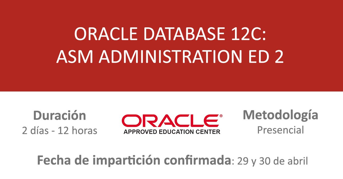 CoreNetworksSL's tweet image. El lunes comenzamos el curso #Oracle Database 12c: ASM Administration. Un programa formativo completísimo, condensado en 2 días, con el que obtendrás un conocimiento profundo de estándares #ASM y #FlexASM. ¡Últimas plazas para este curso confirmado! bit.ly/2G0h5WX