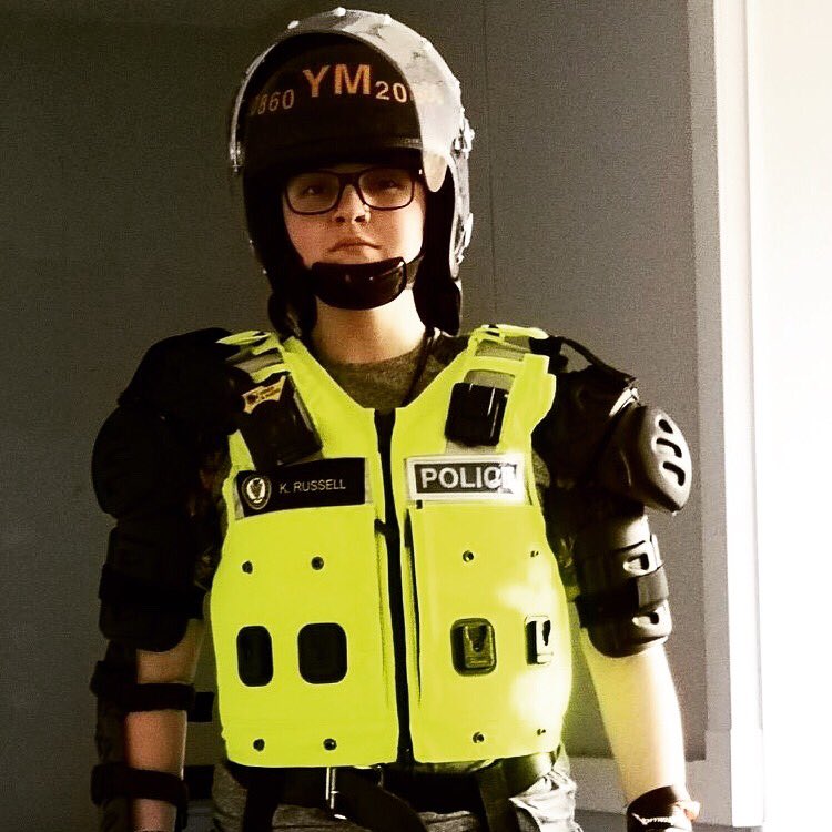 halesowencoll's tweet photo. Applied Science student Theo-Jay Round got the full policing experience when he completed a work placement with Brierley Hill Police Station. Here he is demonstrating the public order armour. #halesowencollege #choosetosucceed #bemorehalesowencollege #workexperience #policing https://t.co/UTCIpJatDF