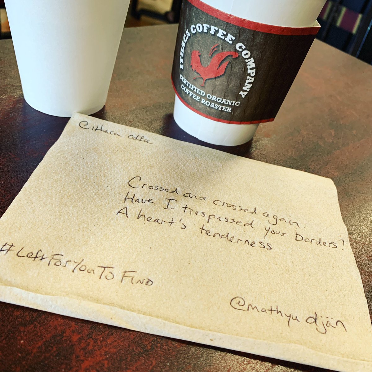mathyuDjan's tweet photo. crossed and crossed again,
have I trespassed your borders?
a heart’s tenderness.
 #leftforyoutofind #mathyudjan @ithacacoffee https://t.co/Aq1stw2m4A
