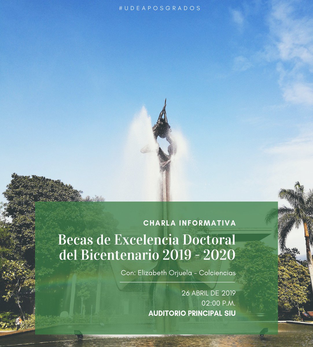👉Postúlate a una de las becas de <a href="/Colciencias/">Tobillo Gomez</a> y estudia un doctorado en la segunda mejor universidad investigadora del país, nuestra #UdeA.
¡Ven a la charla y conoce los requisitos!
📍Más información: bit.ly/2Gkitnt 
#UdeAPosgrados
