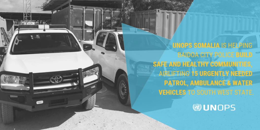#DYK: UNOPS works with the Government of #Somalia &amp; partners to provide non-lethal support to Somali #Police Forces, including ambulances, patrol vehicles, &amp; water carriers? This week <a href="/UNOPS_Somalia/">UNOPS Somalia 🇸🇴</a> begins airlift operations supplying 15 much-needed vehicles to South West State!
