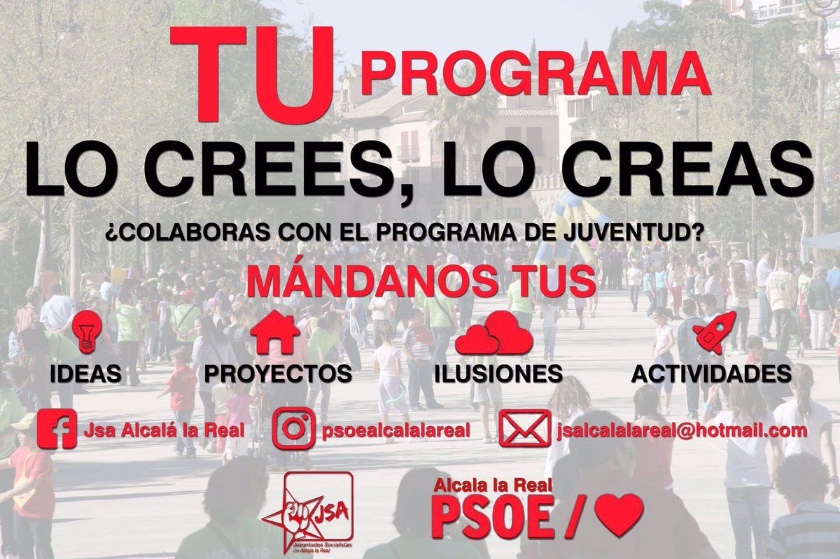 JSAlcalalaReal's tweet photo. ¿Te gustaría participar en nuestro programa electoral?
¡AHORA es el momento!
¿Cómo?, muy fácil... envíanoslas a nuestras dirección de correo electrónico, o bien escríbenos por redes.
Tienes hasta el 30 de abril para enviarlas.
#TuPrograma @psoealcala https://t.co/BAxJNfll7q