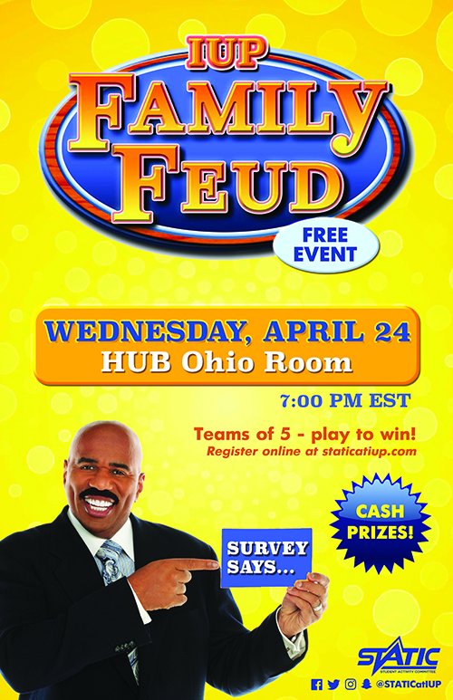 Does your #IUP family have what it takes to compete in Family Feud? Survey says ... there's only one way to find out! Register for IUP Family Feud, held Wednesday at 7 p.m. in the HUB Ohio Room — ow.ly/gRRm50riWor