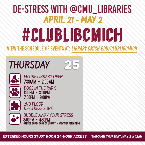 Clarke_Library's tweet photo. Here's what's on tap at @CMU_Libraries today. Good luck on exams and happy studying! #ClubLibCmich https://t.co/H5oyjHSemv
