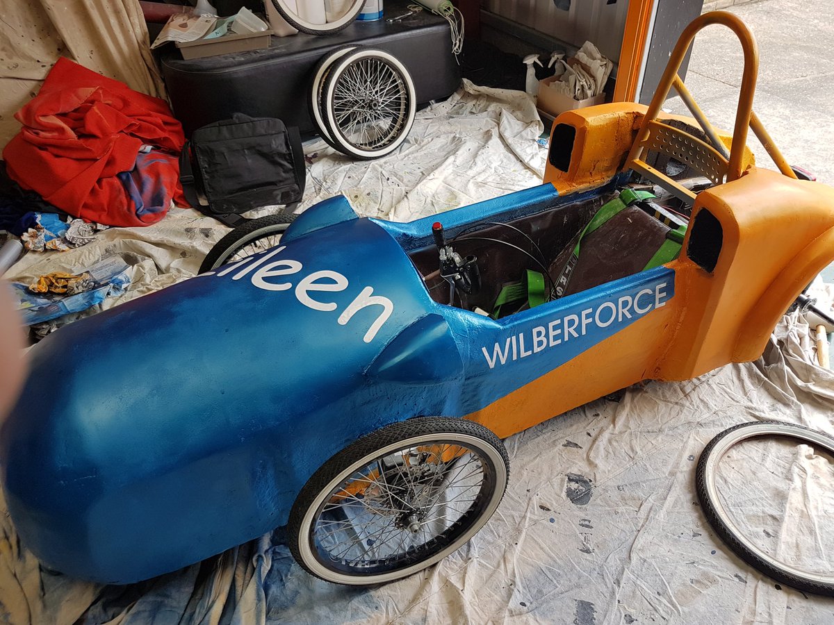 GreenpowerW's tweet photo. Here is eileen today we have changed the tires for a new set, started to put the stickers on the car and painted the black on the back of the car. We are very nearly there now and not far off the race. https://t.co/3yj8lxj7Jr