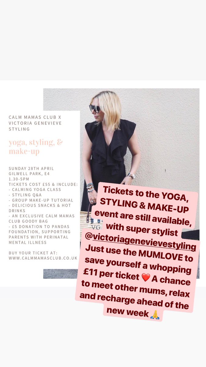 GemmaCapocci's tweet photo. There are still a handful of tickets left to Calm Mamas Club’s YOGA, STYLING &amp; MAKE-UP event this Sunday with super stylist Victoria Genevieve. Use the code MUMLOVE at checkout to save 20%! https://t.co/5UW2fbwRZT ❤️ #selfcareformums #eastlondonevents #eventsformums https://t.co/NfopcP1gd2