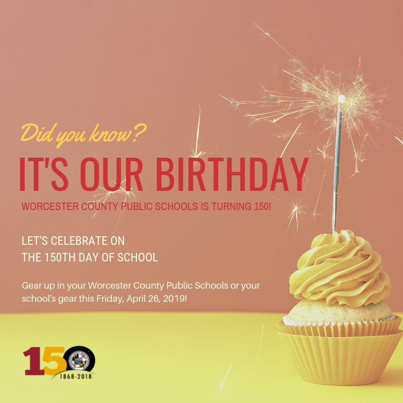 WorcesterSystem's tweet photo. @WorcesterSystem turns 150 this year, and we are celebrating in a BIG way with a countywide spirit day this Friday, April 26, our 150th day of school! Join us &amp; sport your Worcester schools gear &amp; tag us in your photos. Be sure to use the hashtag #Worcester150! 🎉🎉🎉 https://t.co/PqG1SDuzeE