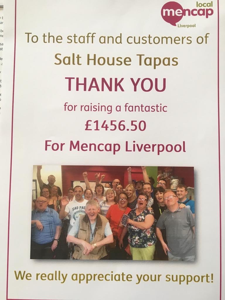salthousetapas's tweet photo. Thank you to all our guests for helping us raise £1456.50 from your water donations for @mencapliverpool. Which a great cause !!! https://t.co/csRCSMhTBi