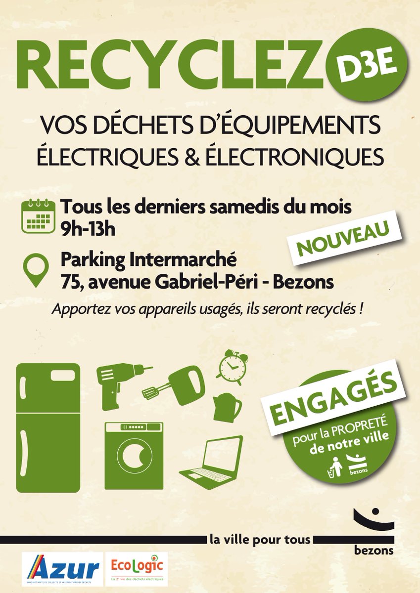 SyndicatAzur's tweet image. Demain de 9h à 13h, #collecte des D3E (déchets d&apos;#équipements #électriques et #électroniques) sur le parking d&apos;Intermarché de @villedebezons, proposé par le @SyndicatAzur et @Ecologic_France, tous les derniers samedis du mois.