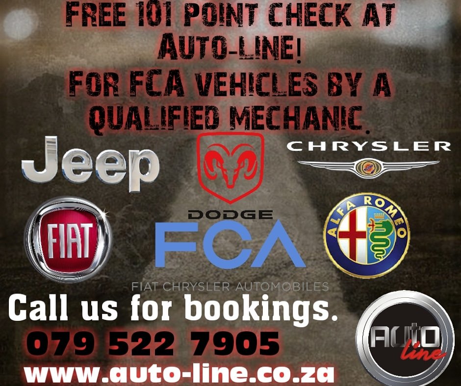 AutoLineZA's tweet image. After Easter promotion on at Auto-line! Get your FREE 101 point check for your FCA car. 
Cars include:
•Fiat 
•Alfa Romeo 
•Jeep 
•Dodge
•Chrysler

NO CARS WILL BE POINT CHECKED WITHOUT A BOOKING!
Contact us on 
0795227905