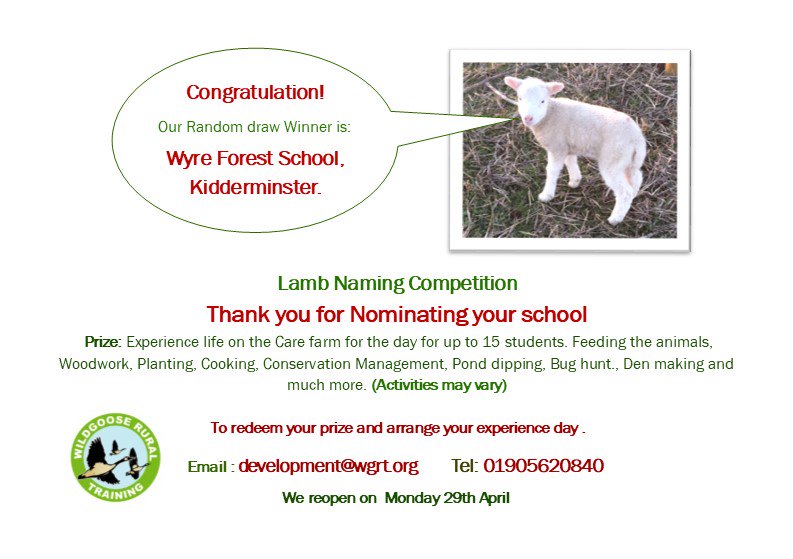 WildgooseRT's tweet photo. Congratulations to #WyreForestSchool @SchoolWyre You have won a #dayexperience for up to 15 #Students #Pupis @WildgooseRT Rural Training #WildgooseCareFarm & #WildooseNatureReserve #Worcester in our #LambNamingPrizeDraw https://t.co/0tmZDZmOxz