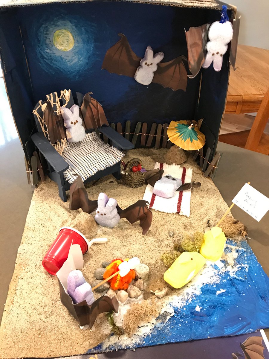 MrsPotash's tweet photo. Peeps at the Beach, inspired by Bats at the Beach ⁦@BrianLiesbooks⁩ ⁦@DuxFreeLib⁩ #peepscontest #peepingplovers #familyfun On display at DFL, voting April 24-27, take a peep! https://t.co/J38x8KF9nZ
