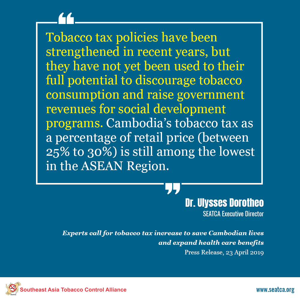 In a press conference earlier today, SEATCA ED Dr <a href="/YulDorotheo/">Yul Dorotheo MD</a> and other experts urged the Cambodian govt to further increase tobacco taxes to reduce tobacco use, save lives, &amp; raise much needed revenues to expand health care benefits for all. seatca.org/?p=13823 #Press