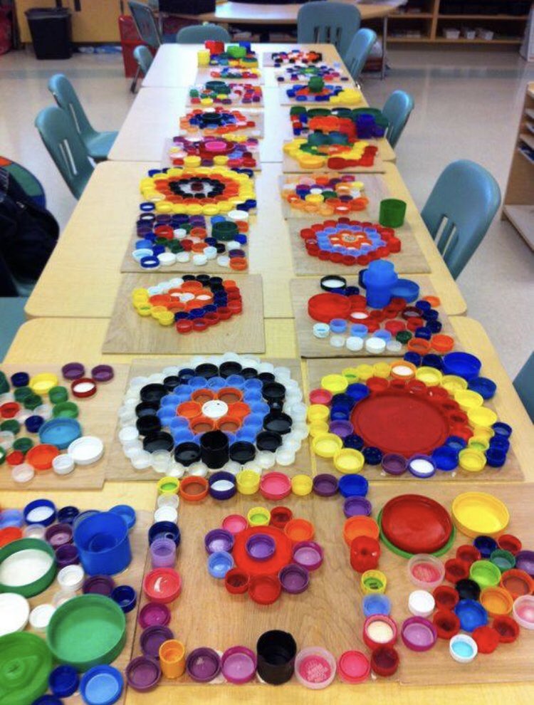 zoebrown08's tweet photo. I absolutely love this idea to use recycled bottle caps and lids to create artworks! 🌈🤗🍭 #ACUedu_P https://t.co/NhrmXMuDvt