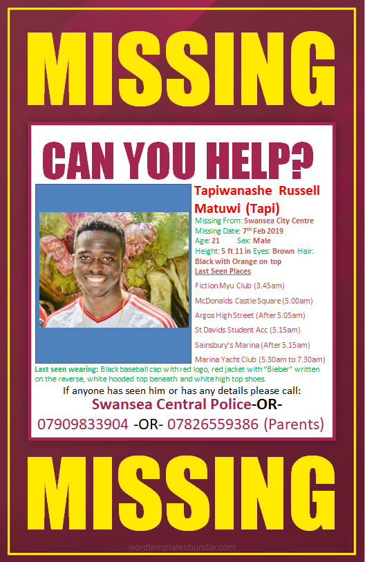 TrueCrimeFix's tweet photo. WHERE IS TAPIWA MATUWI???
Age: 21 Height: 5ft11
Last seen:7th February 2019 at Swansea Marina, Wales.
Tapiwa disappeared after a night out with his friends.There has been no developments or major updates since. Please share. #truecrimefix #tapiwamatuwi #whereis #MissingPerson #uk https://t.co/Xfk3xuS1S3