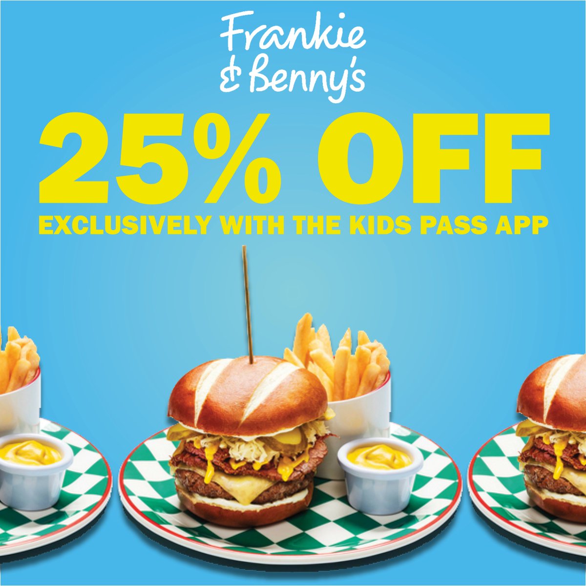 25% Off at Frankie &amp; Benny's 🍔🍔
EXCLUSIVELY with the Kids Pass App 📲📲
Download today > bit.ly/2vjSWnU 🙌🙌