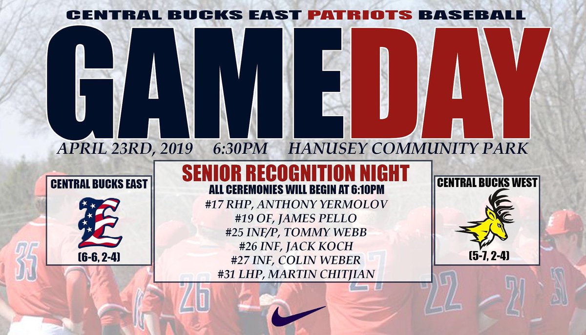 cbebaseball's tweet photo. Senior night tonight as we host @CBWestBaseball at Hanusey Field in @plumsteadtown. Ceremony at 6:10, First pitch at 6:30.

@Plumsteadrocks on the microphone.  

@cbeWeThePeople @SOLsports @toddrthorpe @DAABaseball @PlumsteadBaseba #EastvsWest #cbsd https://t.co/zO8V7y1dbD