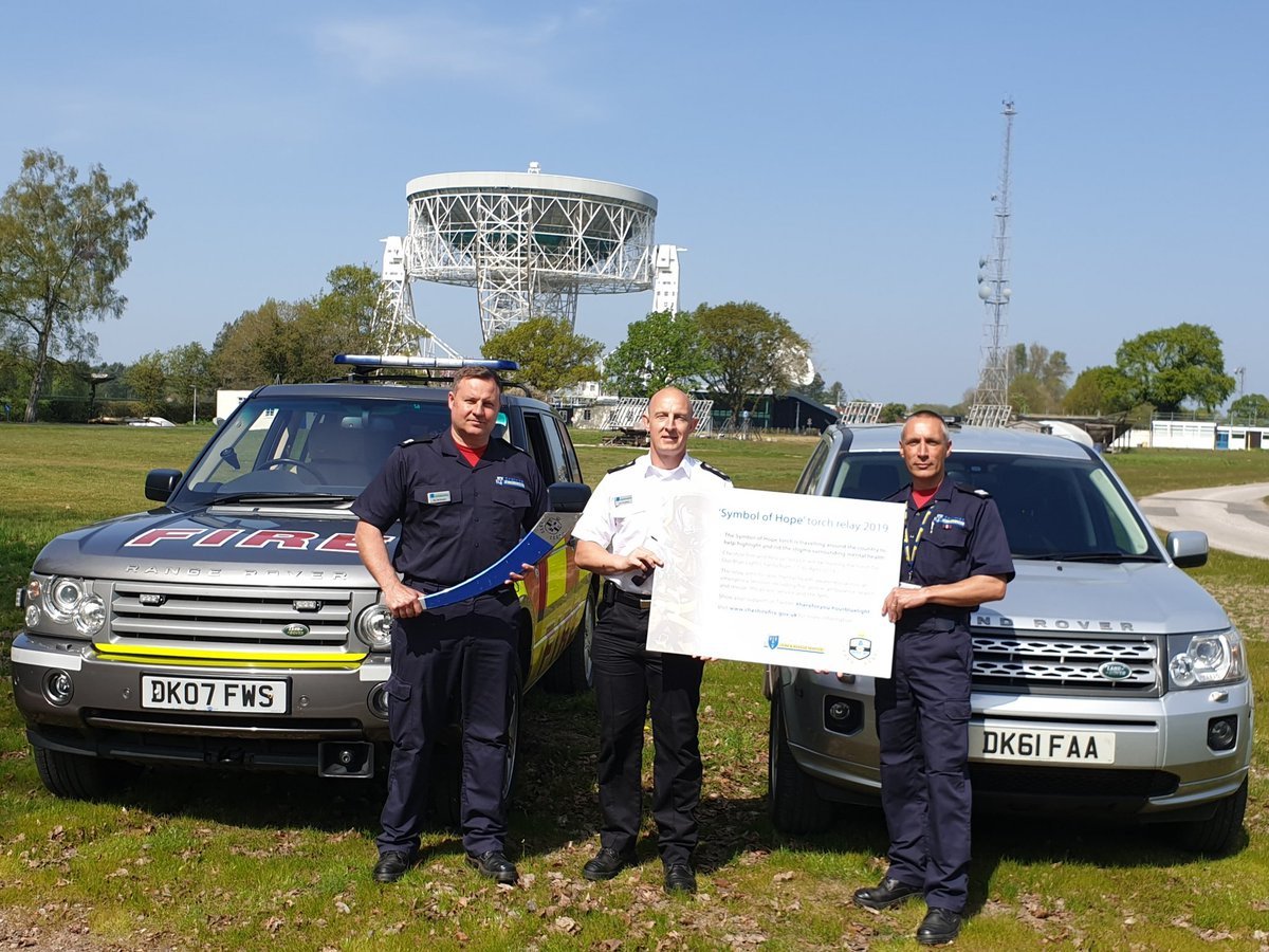 CheshireFire's tweet photo. A busy Easter weekend for the #OurBlueLightRelay with visits to Delamere Forest, Crewe, @jodrellbank and Widnes. 

We're taking part in the relay to raise mental health awareness across all emergency services - https://t.co/LM4oedpi11 https://t.co/DUst9V22BD