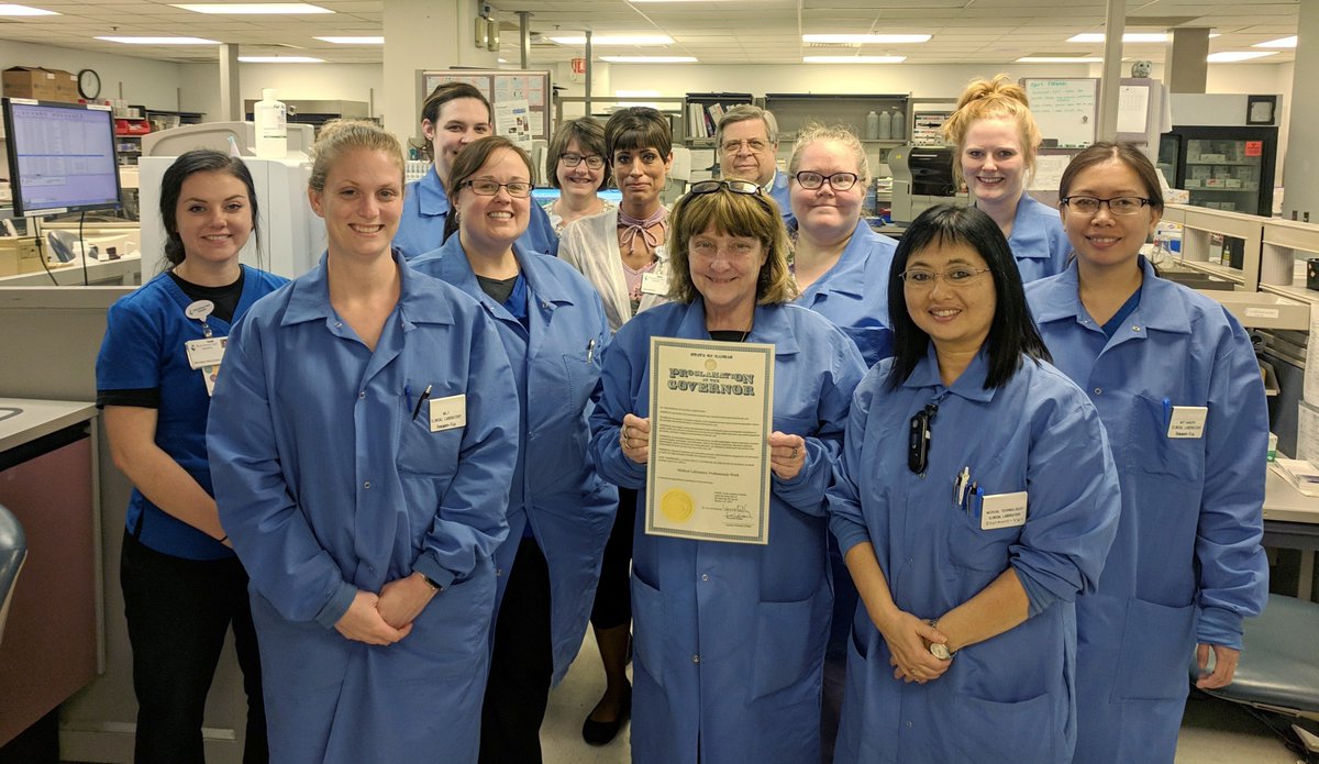 ASCLS_KS's tweet photo. We were greeted by a big contingent at the laboratories of Stormont Vail Hospital in Topeka!  Histology, phlebotomy, microbiology, blood bank, chemistry, hematology, specimen receiving, and many more! #MLPW2019 #LabWeek #ProclamationRoadtrip https://t.co/f4oKkACyvK