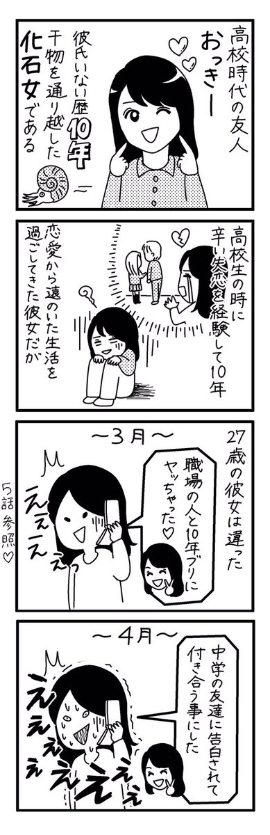 27歳のとき「彼氏いない歴10年の化石女」と漫画に描いた友人おっきー。その後30歳で彼氏が出来て、先日めでたく結婚しました！
高校生の時に失恋して教室で大泣きしていた姿を見ている身としては、彼女の結婚は本当に感慨深いものがあります… 