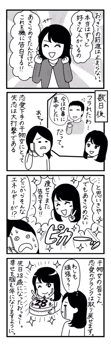 27歳のとき「彼氏いない歴10年の化石女」と漫画に描いた友人おっきー。その後30歳で彼氏が出来て、先日めでたく結婚しました！
高校生の時に失恋して教室で大泣きしていた姿を見ている身としては、彼女の結婚は本当に感慨深いものがあります… 