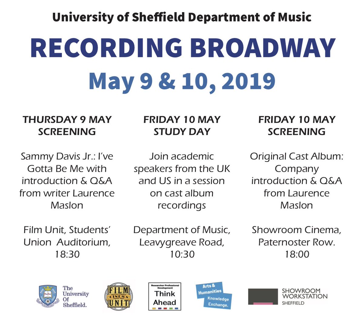 ElsaMarshall16's tweet photo. Come join us for the #RecordingBroadway festival on May 9 &amp; 10! Screenings and study day featuring the latest research on Broadway cast albums and documentaries. @TUOS_Musicals @ThinkAheadSheff @tuosmusic @filmunit @showroomcinema 
Tickets &amp; info: https://t.co/0uBkUJOUqa https://t.co/SCA6iPKRzG