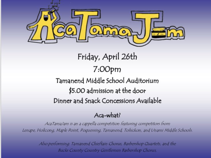 <a href="/cbacfest/">Central Bucks A Cappella Festival</a> <a href="/dekesharon/">Dᴇᴋᴇ Sʜᴀʀᴏɴ</a> <a href="/CBSDMusic/">Central Bucks Music</a> Tons of #acappella in CB this weekend! AcaTamaJam is Friday night, featuring students from Maple Point MS, Poquessing MS, <a href="/CBHolicongMS/">CB Holicong MS</a> <a href="/CBUnamiMS/">Unami Middle School</a> <a href="/CBTohickonMS/">Tohickon MS</a> <a href="/CBLenapeMS/">Lenape Middle School</a> and <a href="/CBTamanendMS/">Tamanend MS</a>.  <a href="/cbacfest/">Central Bucks A Cappella Festival</a> is Saturday night!  <a href="/Neshaminy_SD/">Neshaminy School District</a>