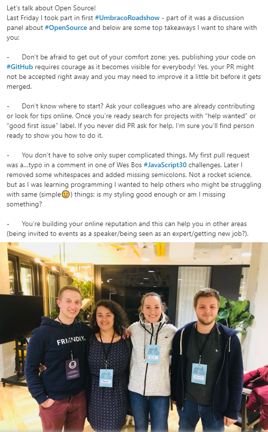 ElaMoscicka's tweet image. Let's talk about #OpenSource! ❤️
Below are some top takeaways from recent #UmbracoRoadshow!
Enjoy! 😉
#career #Developers #SoftwareDevelopment #Coding #Programming #Github #100DaysOfCode #301DaysOfcode #WomenInTech #WomenWhoCode #FrontEnd #Azure #Cloud #DotNet