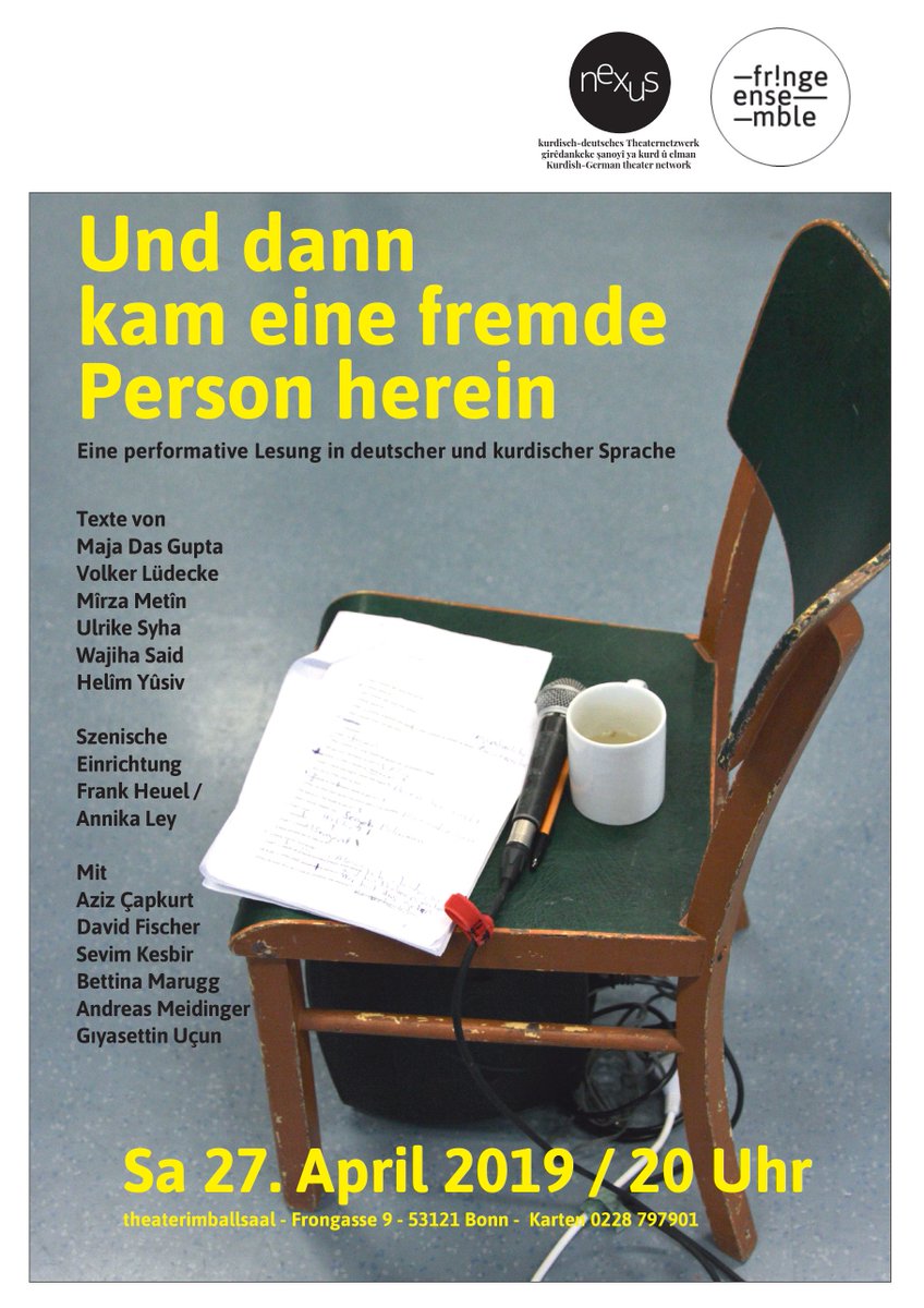 fringeensemble's tweet photo. Scht! Scht! Scht! / Şşşşşş! Şşşşşş! Şşşşşş! - Einmalig am 27. April präsentieren wir kurze Texte von #kurdischen und #deutschen #Autoren im #theaterimballsaal in #Bonn. Auf deutsch und #kurmanci. #nexus #Theaternetzwerk #Interkultur #Sprache #Mehrsprachigkeit https://t.co/FKRciEYLpw
