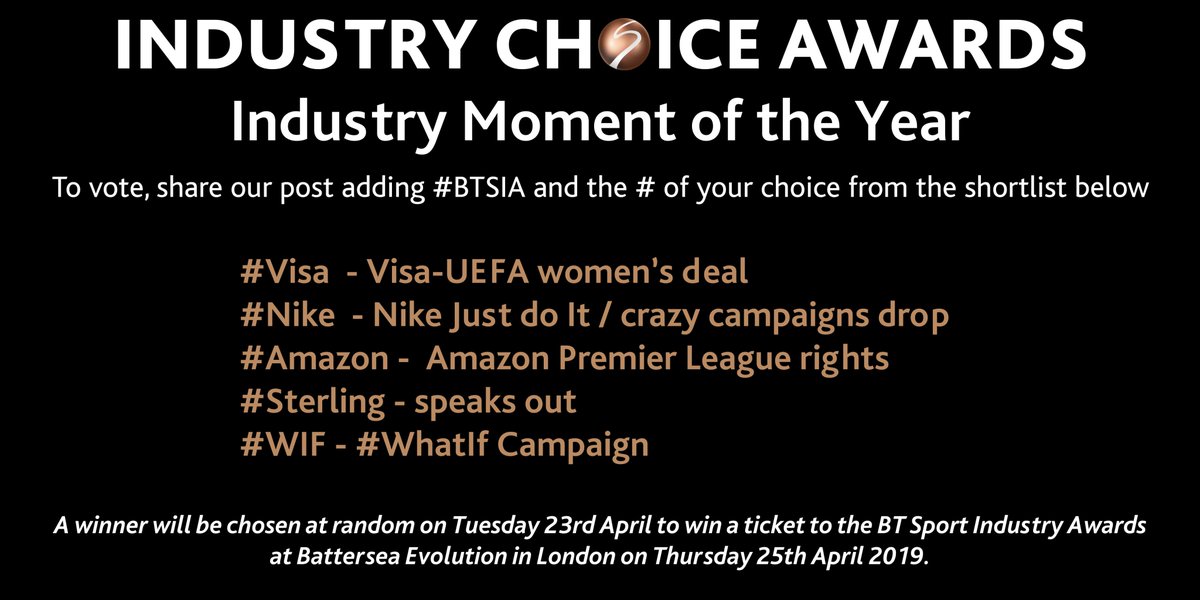 SportIndustry's tweet photo. ⌛️Time's running out to have your say in the #BTSIA Industry Choice awards.
Voting has now begun in the third and final category - Industry Moment of the Year.
Share our post with the hashtag of your choice and be in with a chance of winning a ticket to the big one. Be lucky.🤞🏽 https://t.co/OgZZd9wGyS