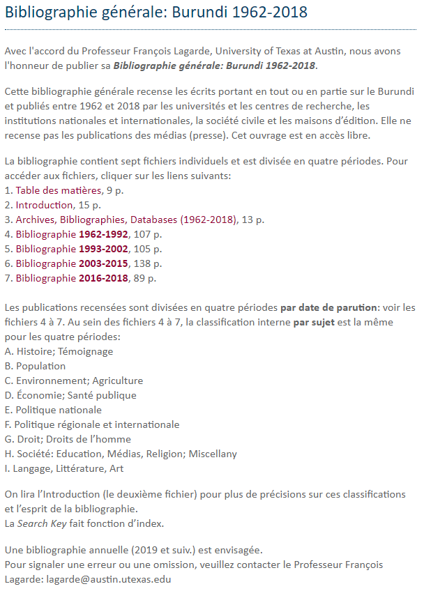 Now available on "Law, power &amp; peace in Burundi" (uantwerpen.be/burundi): the "Bibliographie générale: Burundi 1962-2018" by Prof. Em. François Lagarde (<a href="/UTAustin/">UT Austin</a>), a great documentary research tool (in French, but also including English public) for #Burundi researchers. <a href="/IOBUA/">IOB - Institute of Development Policy</a>