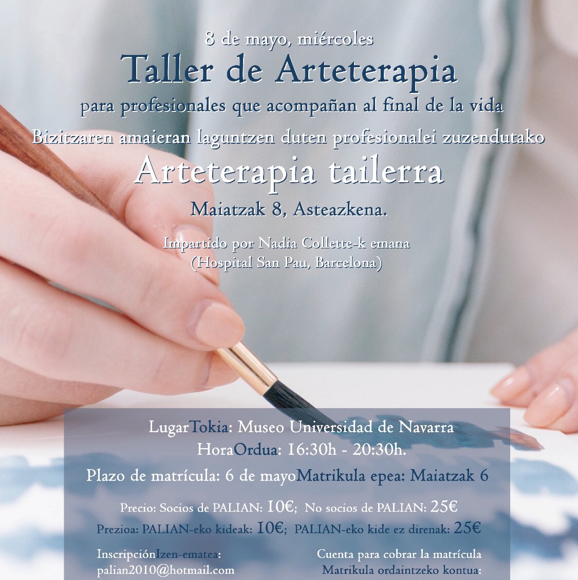 En #Pamplona el 8 de mayo a las 16:30h tendremos la oportunidad de, a través del arteterapia, explorar y reflexionar sobre las necesidades emocionales individuales y la manera de afrontar el acompañamiento y cuidado de las personas que están al final de la vida.