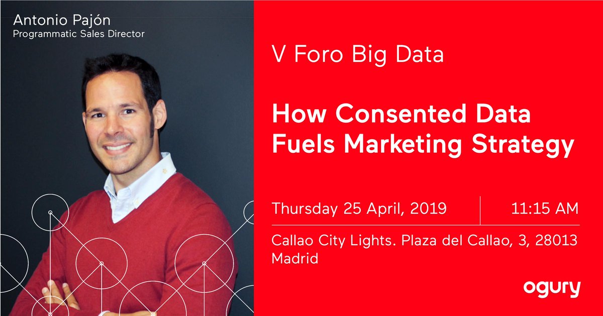 weareogury's tweet image. Join Antonio Pajón, Ogury&apos;s Programmatic Sales Director Spain, at V Foro Big Data this Thursday, April 25 in Madrid, and discover how consented, quality data can fuel your marketing strategy. For more information, please reach out to Antonio or email hello@ogury.com  #ForoBigData