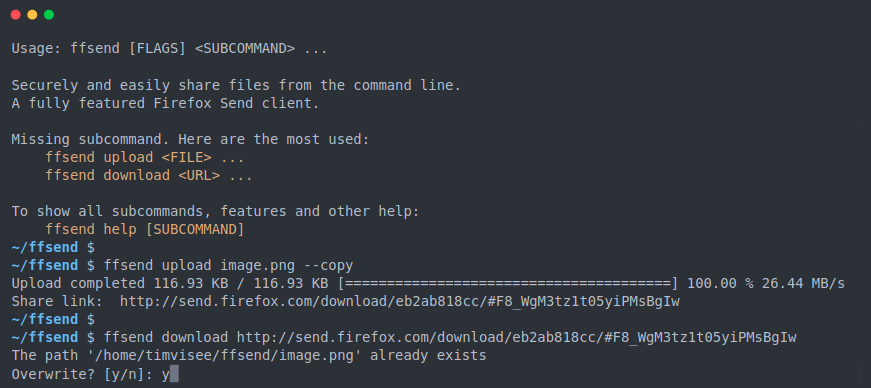 binitamshah's tweet photo. ffsend : Easily and securely share files (up to 2GB) from the command line through a safe, private and encrypted link using a single simple command (A fully featured Firefox Send client) : https://t.co/T0Ci1lceAO https://t.co/vKS6SX32HA