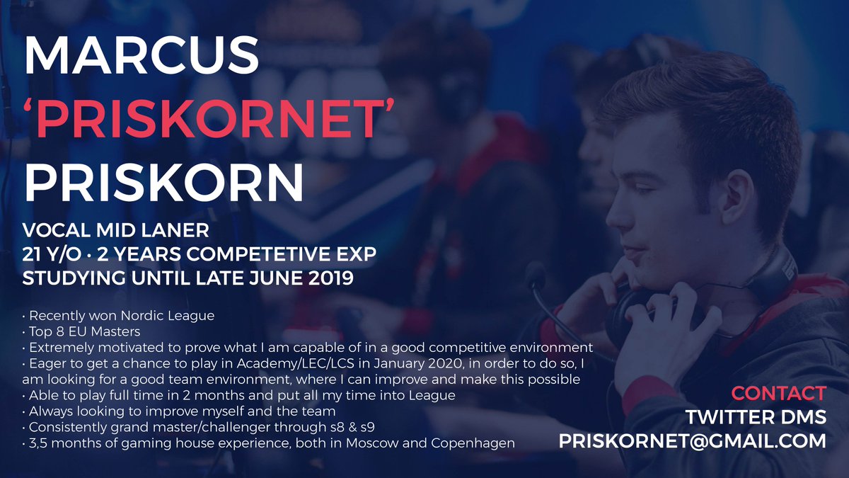 Hey everyone! My contract with Ventus expired and I am therefor a free agent mid laner. I am looking for offers in all regions - prefer LVP. 

Likes &amp; RT are highly appreciated😊