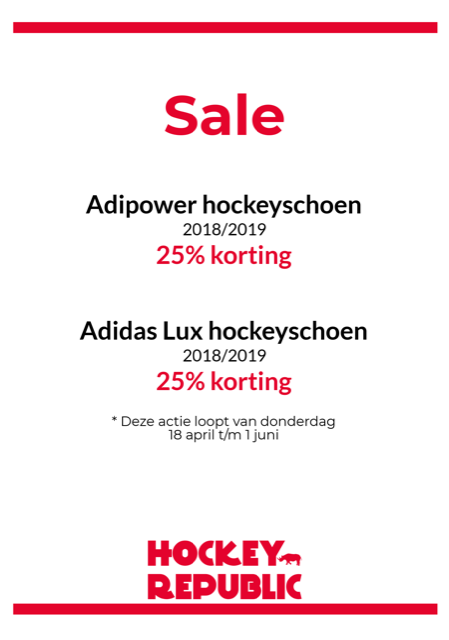 Bij Hockey Republic zijn er <a href="/adidas/">adidas</a> Field Hockeyschoenen in de SALE! Kom langs in één van onze winkels en koop je #Lux of #Adipower's met maar liefst 25% korting!