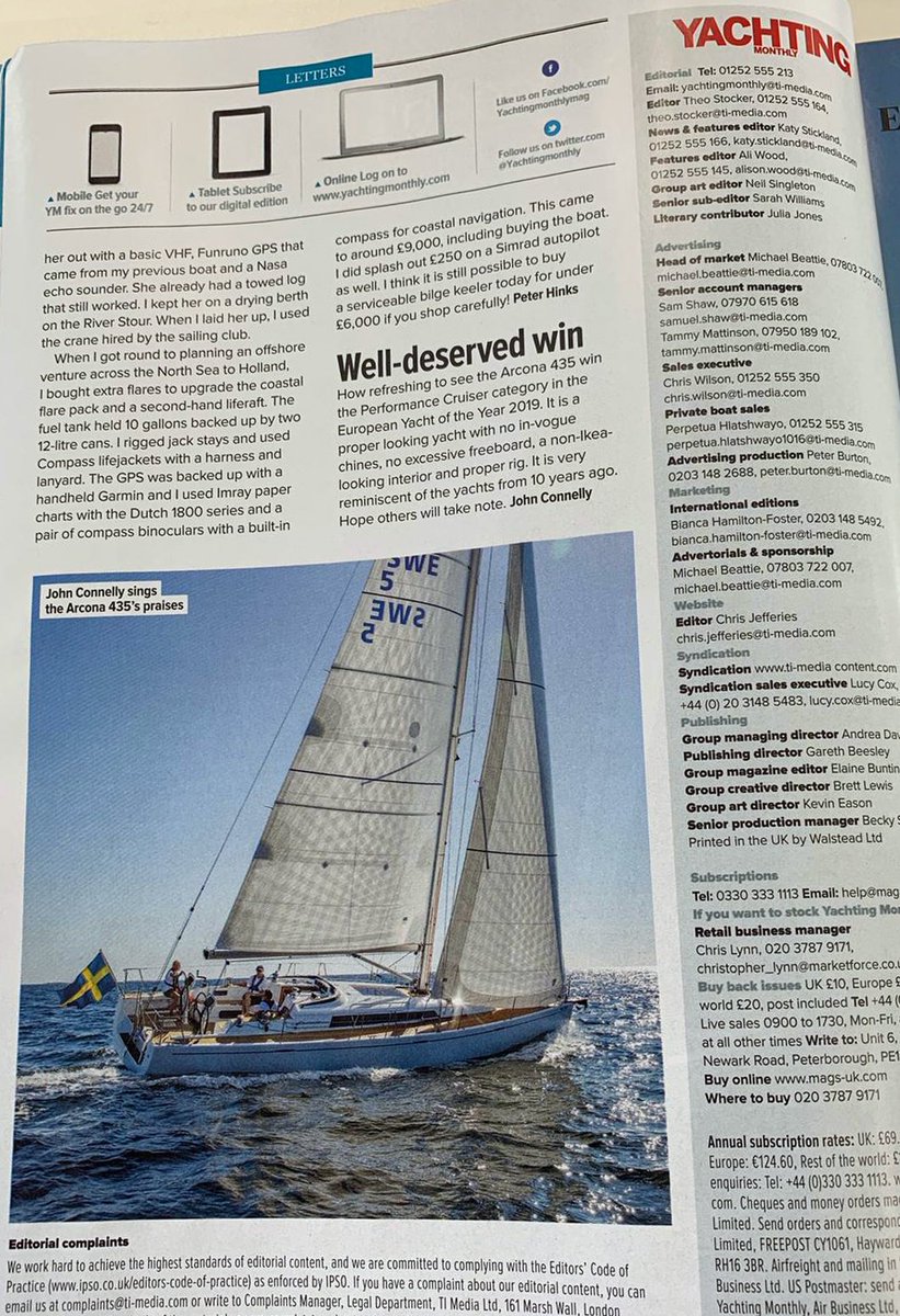 Thank you to John Connolly who wrote to <a href="/YachtingMonthly/">Yachting Monthly</a>. Published in the June issue, Mr Connolly wrote "How refreshing to see the #Arcona435 win the #PerformanceCruiser category in the #EuropeanYachtoftheYear 2019. It is a proper looking yacht..." bit.ly/NewArcona435