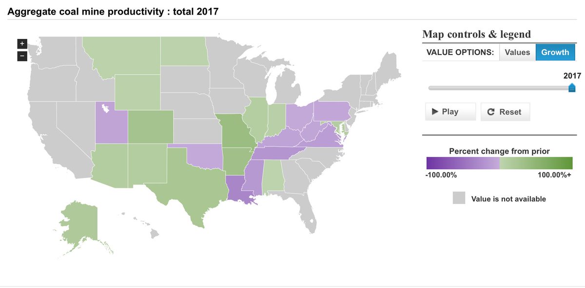 Compliance_CTO's tweet image. This #MiningMap shows #Coal Mine productivity change from 2016-2017.
While some states are experiencing increased production, others experience drops. 

#CTO #InteractiveMapping #MSHA #Miners #Awareness