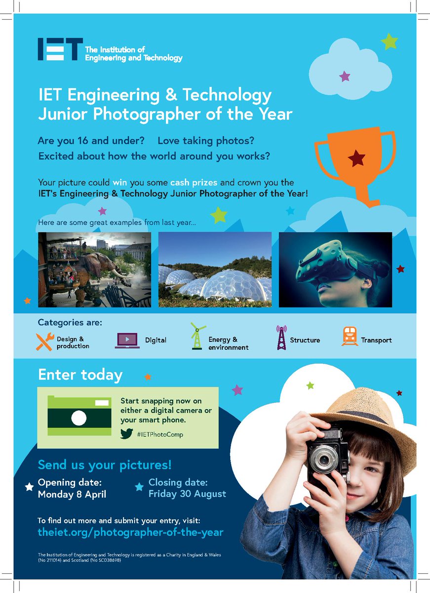 DYWNH_skills's tweet photo. 16 and under? Love taking photos?
Your picture could win you some cash prizes and crown you the IET Engineering & Technology Junior Photographer of the Year! Read more and submit your entries here: https://t.co/LvZD4PBqCe
#Photographycompetition RT https://t.co/YUn4sQEL0p