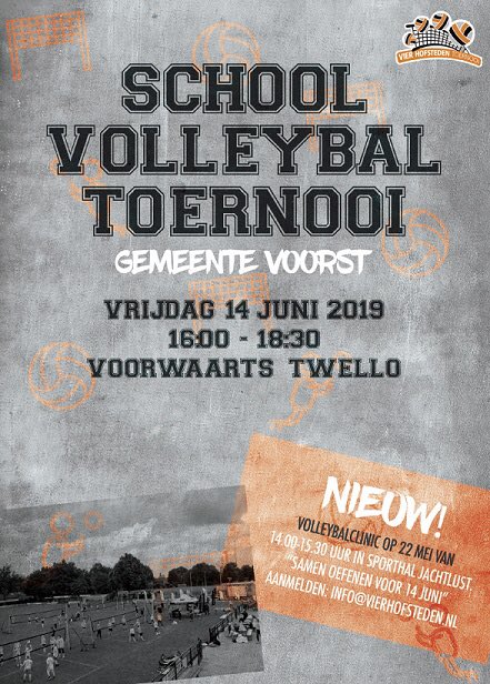 Schoolvolleybaltoernooi <a href="/gemeente_Voorst/">Gemeente Voorst</a> voor groep 5 t/m 8 vindt plaats op vrijdag 14 juni vanaf 16.00 uur op de sportvelden van SV Voorwaarts. Flyers worden op de basisscholen uitgedeeld in week 19. <a href="/VoorstActief/">Voorst Actief</a> <a href="/Vierhofsteden/">Vierhofsteden</a>