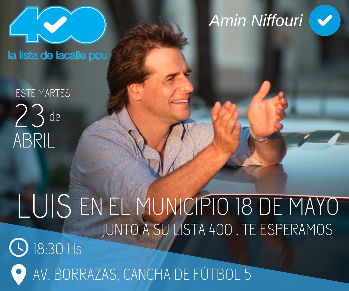 ANiffouri's tweet photo. [ES HOY] 
Los esperamos junto a @LuisLacallePou y todo el equipo de la lista 400. https://t.co/A6HCh01DpW