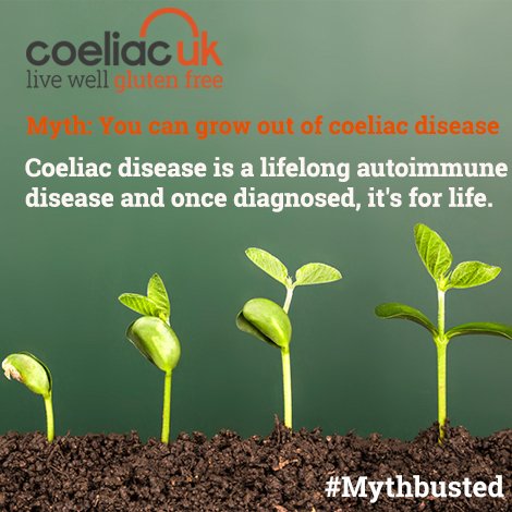 Coeliac_UK's tweet photo. Myth: 'You can grow out of coeliac disease.'

Fact: #Coeliac disease is a lifelong autoimmune disease and once diagnosed, it’s for life. #mythbusted https://t.co/Y3gIGzxmrP