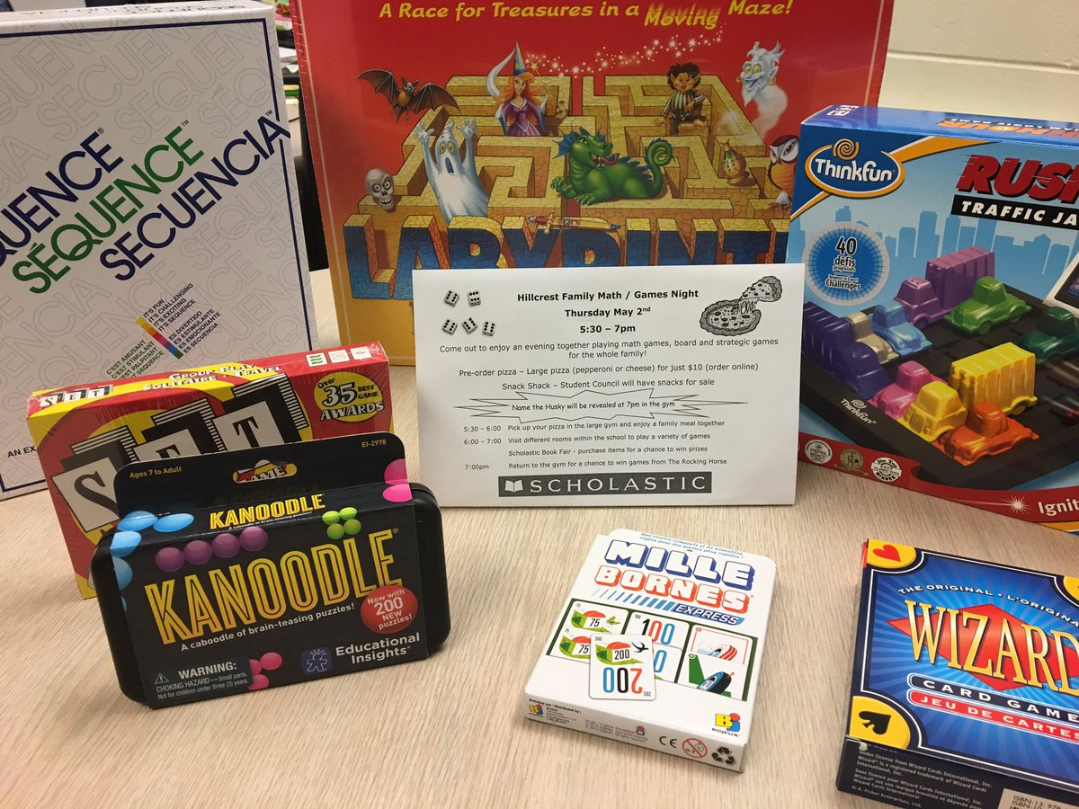 Hillcrest Family Math/Games Night is Thursday May 2 @ 5:30pm. Lots of prizes to give away. Lots of fun! Details coming home with students today.