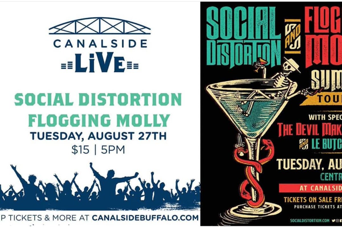IgotNothing87's tweet photo. I cannot handle my excitement for this show. #socialdistortion ismt favorite. And I've never got to see #floggingmolly yet. So 2 banging bands in 1 night??? #canalside #buffalo #cantwait https://t.co/CtKsq9JgFY