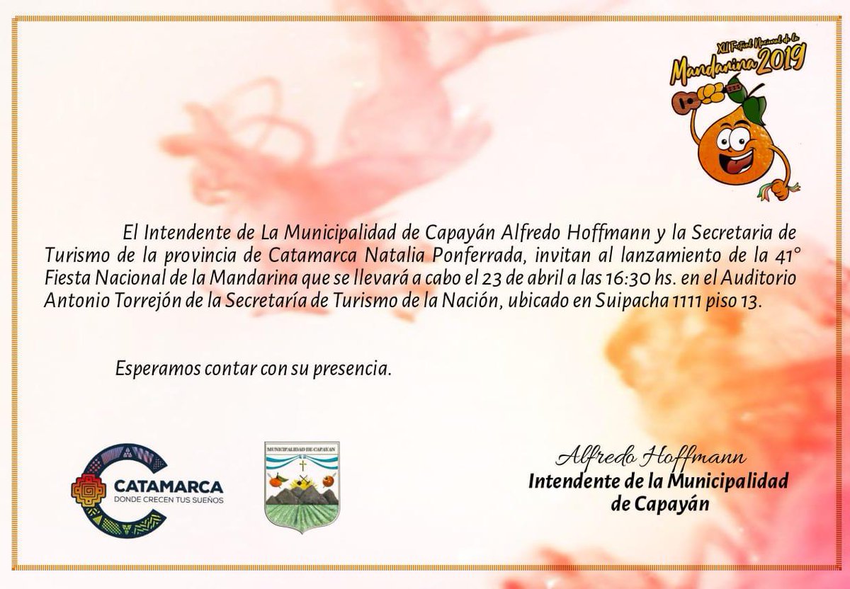 casacatamarca's tweet photo. #BuenMartes Hoy acompañamos a la Secretaria de Turismo de la provincia y al Intendente de Capayán en la presentación de la Fiesta Nacional de la Mandarina. #Capayan #Catamarca @CatamarcaTur @Turismo530 @DescubriTurismo @turisargentina @MediosCatamarca https://t.co/20feDgiTsb