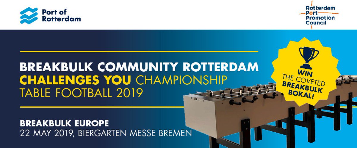 21-23 mei is Breakbulk Europe. De Breakbulk Community Rotterdam organiseert in de Biergarten van Messe Bremen op 22 mei het Championship Table Football aan een unieke wedstrijdtafel van 12 personen. Gegarandeerd plezier! Meedoen en inschrijven: bit.ly/2USXkcM <a href="/RPPC1933/">RPPC</a>