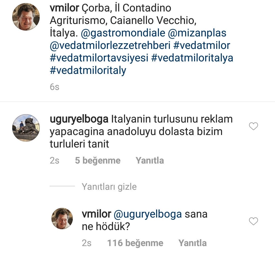 vaziyetcomtr's tweet photo. Bir takipçisinin, "İtalya’nın türlüsünü reklam yapacağına Anadolu’yu dolaş da bizim türlüleri tanıt" demesi üzerine Vedat Milor, "Sana ne hödük" cevabını verdi. https://t.co/Xv2TEsZkzy