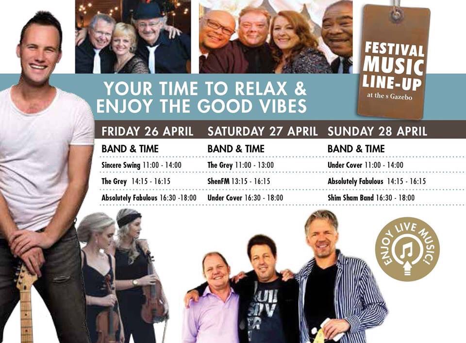 Music Gazebo line-up!
Festival goers can enjoy performances by artists such as <a href="/ShenFMlive/">shenfm</a>, #AbsolutelyFabulous, #SincereSWING, <a href="/thegreyduo/">The Grey</a>, #UnderCover &amp; #ShimShamBand this weekend from Fri 26 - Sun 28 April!
Ticket bit.ly/2PeRKtw