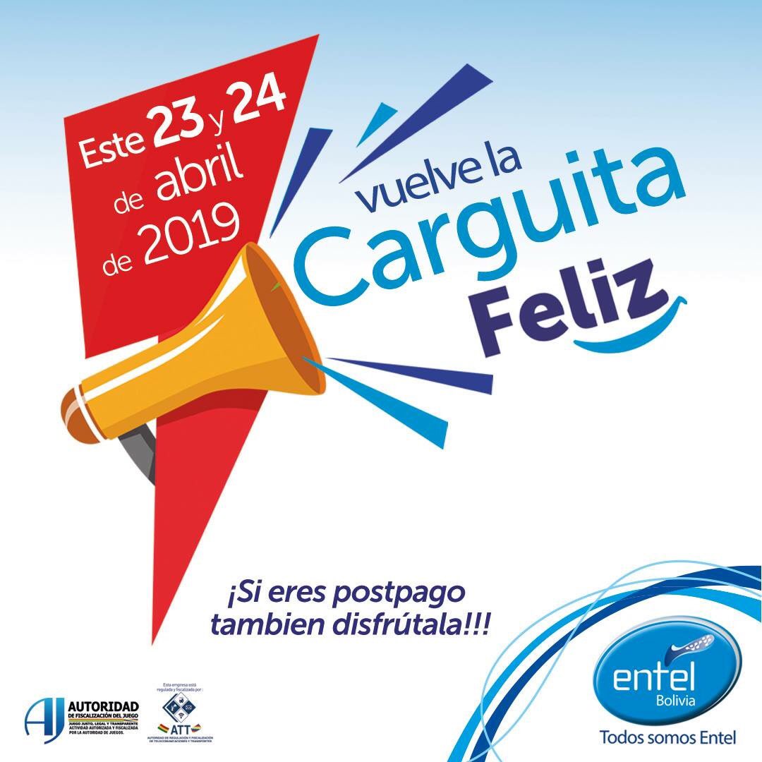 ¡Hoy 23 y mañana 24 de abril disfruta de la Carguita Feliz de Entel! 
#TodosSomosEntel #FamiliaEntel #EntelBolivia